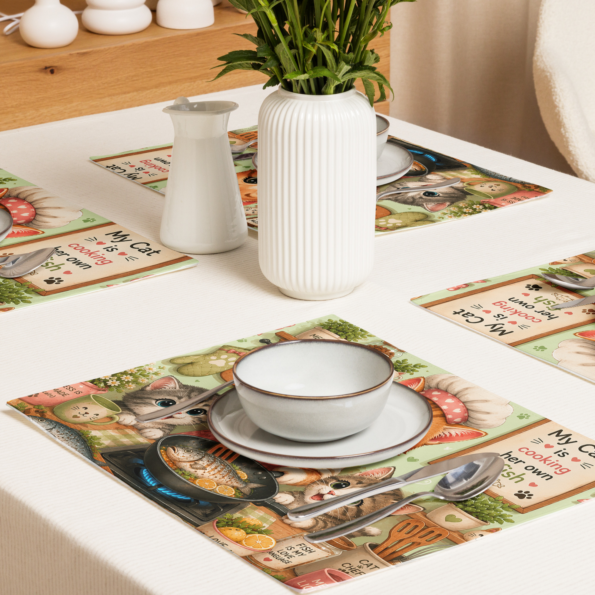 Cute Cartoon Cat Chef Placemat Set – Cat Lover Kitchen Decor with Kittens | Funny Fish Cooking Table Mats 2 Cute Cartoon Cat Chef Placemat Set – Cat Lover Kitchen Decor with Kittens | Funny Fish Cooking Table Mats - Image 2