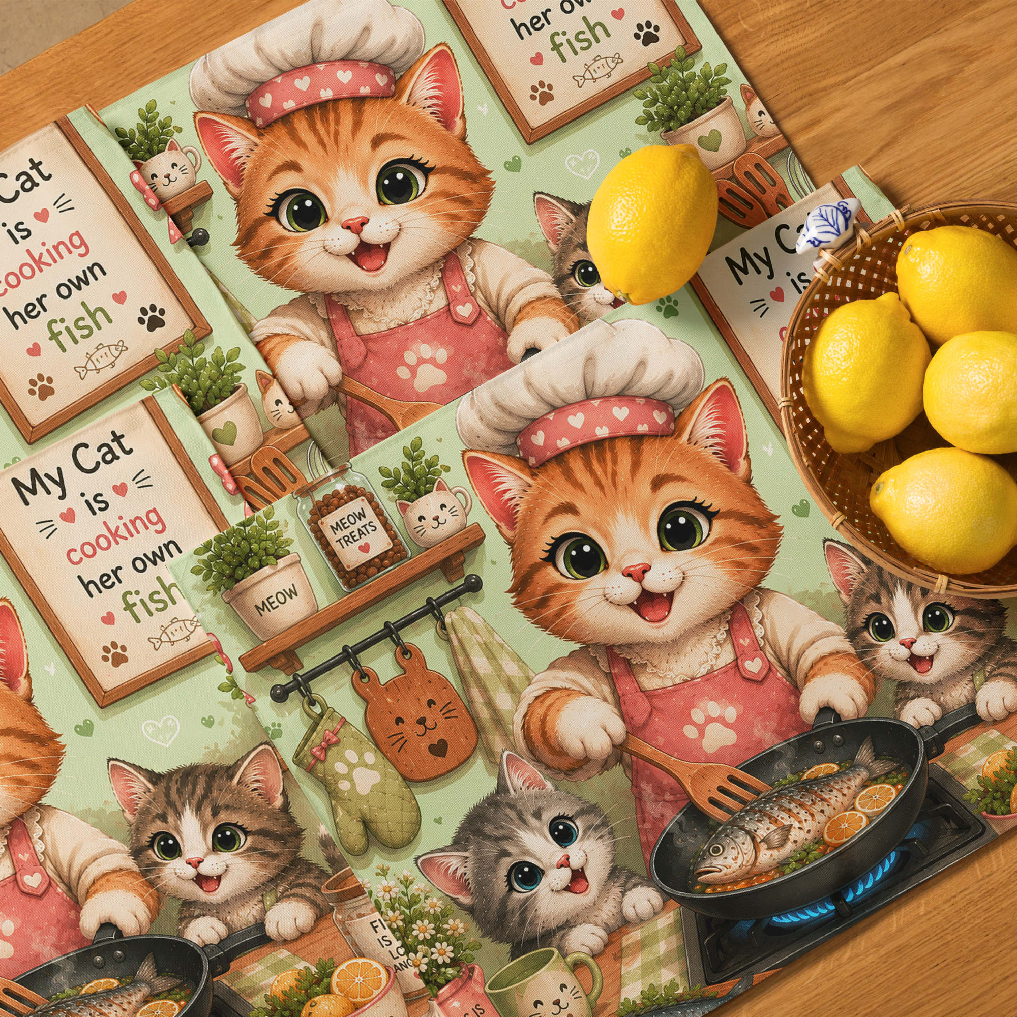Cute Cartoon Cat Chef Placemat Set – Cat Lover Kitchen Decor with Kittens | Funny Fish Cooking Table Mats 5 Cute Cartoon Cat Chef Placemat Set – Cat Lover Kitchen Decor with Kittens | Funny Fish Cooking Table Mats - Image 5