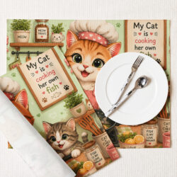 Cute Cartoon Cat Chef Placemat Set – Cat Lover Kitchen Decor with Kittens | Funny Fish Cooking Table Mats 19 placemat set 4 white front 6a4748e275df5