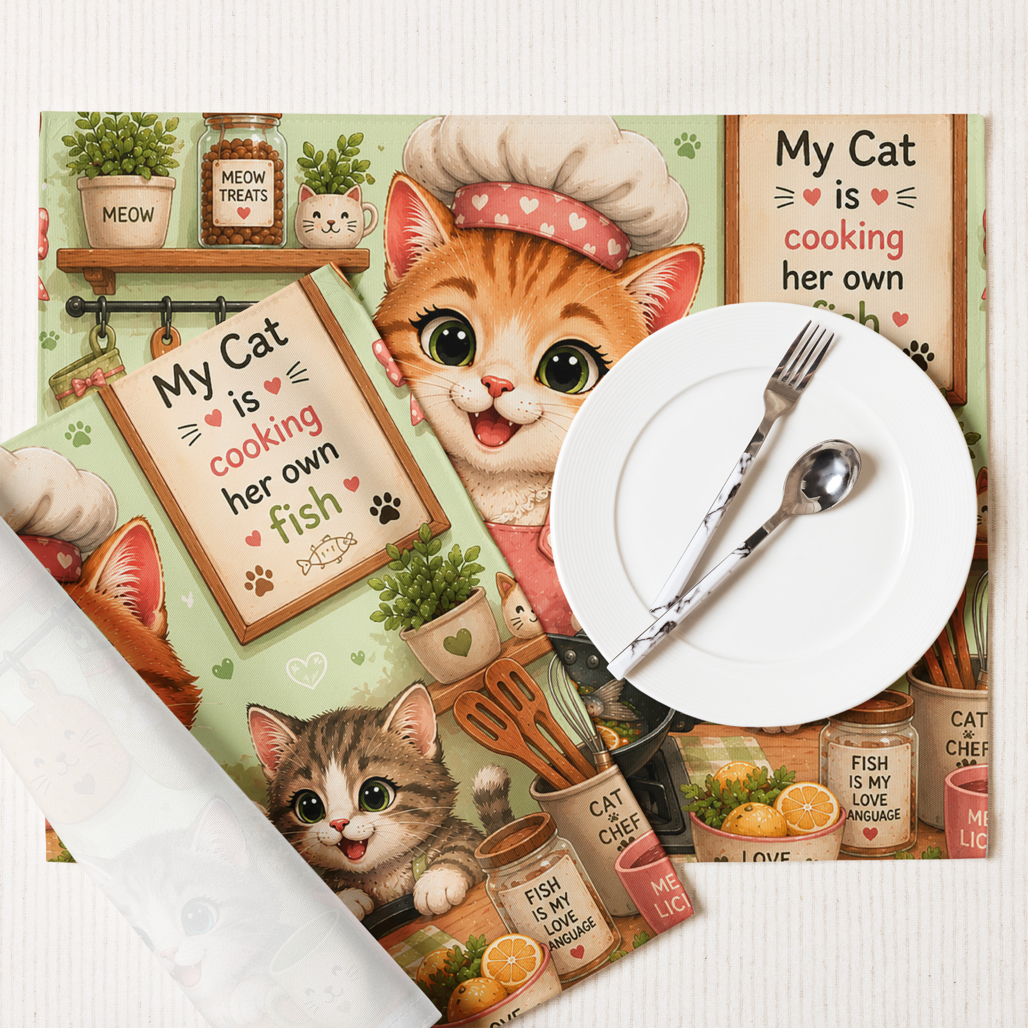 Cute Cartoon Cat Chef Placemat Set – Cat Lover Kitchen Decor with Kittens | Funny Fish Cooking Table Mats 8 Cute Cartoon Cat Chef Placemat Set – Cat Lover Kitchen Decor with Kittens | Funny Fish Cooking Table Mats - Image 8