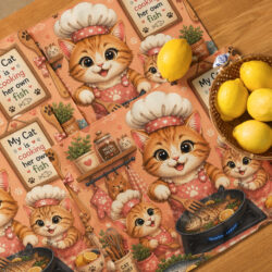 Cat Chef Placemat Set for Cat Lovers – Adorable Cooking Cat with Two Kittens | Cute Kitchen Table Mats 11 placemat set 4 white front 6a474c7956b61