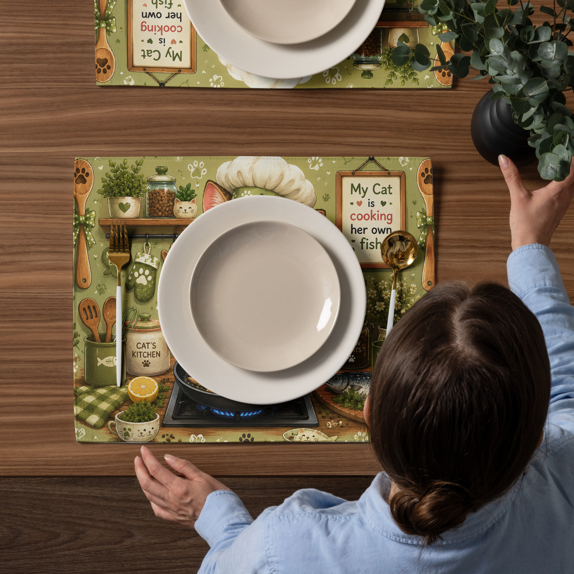 Cat Mom Kitchen Placemat Set – Whimsical Cartoon Cat Chef with Kittens | Cute Farmhouse Table Decor | Gift for Cat Lovers 2 Cat Mom Kitchen Placemat Set – Whimsical Cartoon Cat Chef with Kittens | Cute Farmhouse Table Decor | Gift for Cat Lovers - Image 2