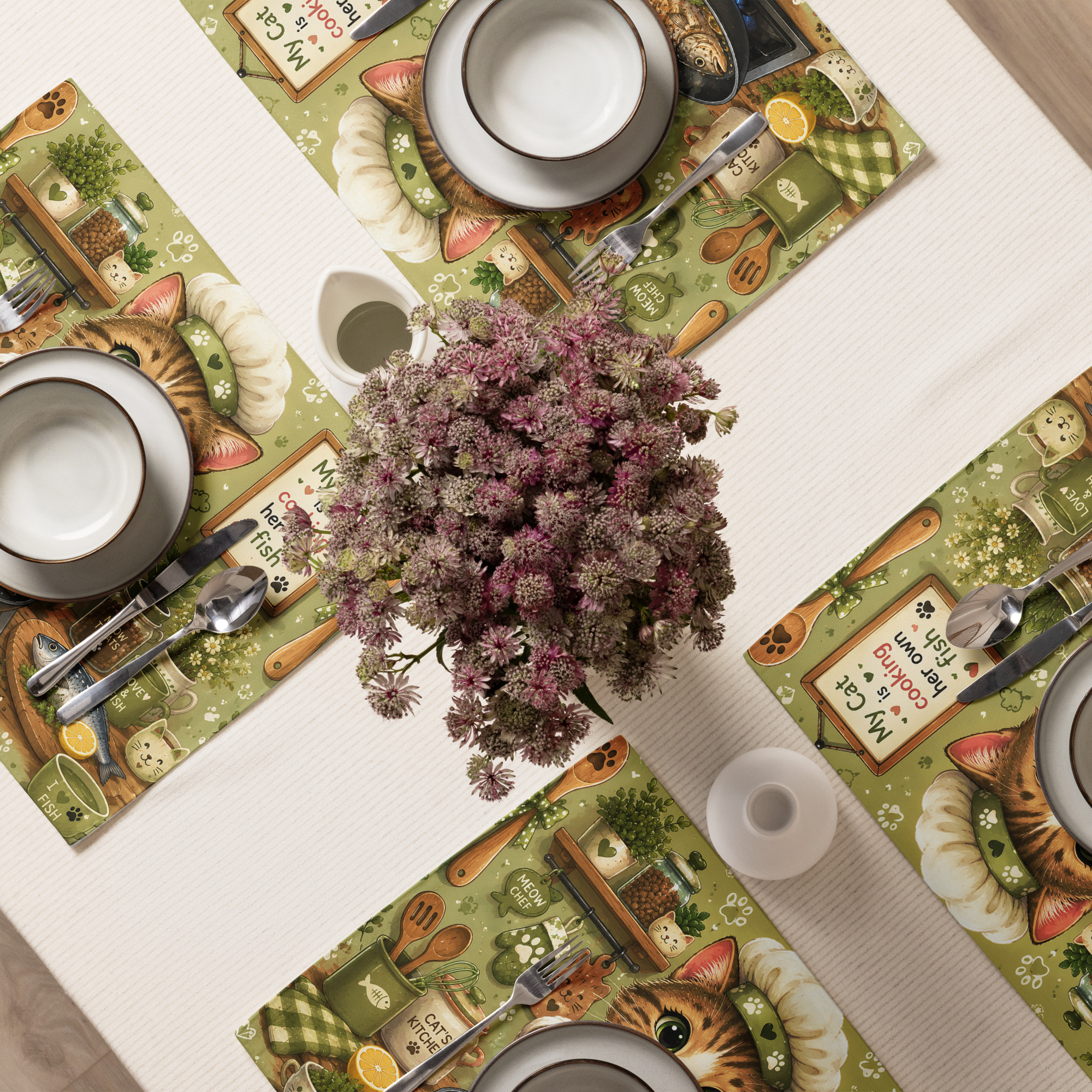 Cat Mom Kitchen Placemat Set – Whimsical Cartoon Cat Chef with Kittens | Cute Farmhouse Table Decor | Gift for Cat Lovers 3 Cat Mom Kitchen Placemat Set – Whimsical Cartoon Cat Chef with Kittens | Cute Farmhouse Table Decor | Gift for Cat Lovers - Image 3