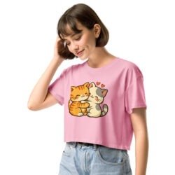 Kawaii Retro Cat Crop Top | Vintage Cartoon Kitty Graphic Tee embrace each other-Women’s crop top 45 womens crop top bubblegum left front 6a60af8e8051c