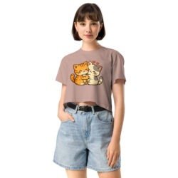 Kawaii Retro Cat Crop Top | Vintage Cartoon Kitty Graphic Tee embrace each other-Women’s crop top 41 womens crop top hazy pink front 6a60af8e7ff93