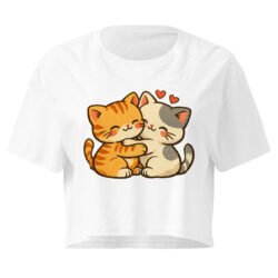 Kawaii Retro Cat Crop Top | Vintage Cartoon Kitty Graphic Tee embrace each other-Women’s crop top 35 womens crop top white front 6a60af8e7e9ab