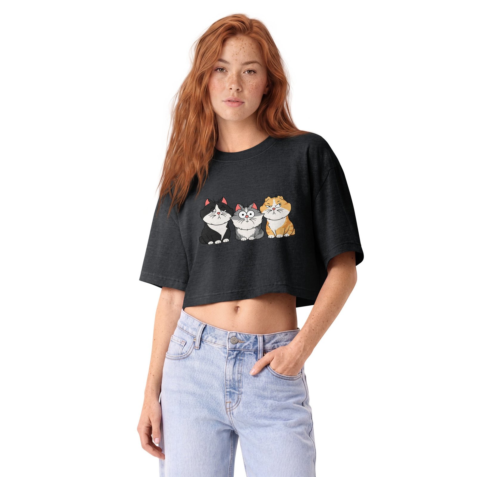 Funny Three Cats Women's Cropped Tee | Vintage Cartoon Cat Trio Cropped Top for Women 2 Funny Three Cats Women's Cropped Tee | Vintage Cartoon Cat Trio Cropped Top for Women - Image 2