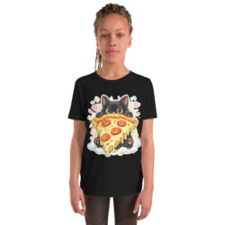 Pizza Cat Kids Shirt – Adorable Black Kitten Hugging Cheesy Pepperoni Pizza Tee Short Sleeve T-Shirt 25 youth staple tee black front 6a493cd5cdcf3