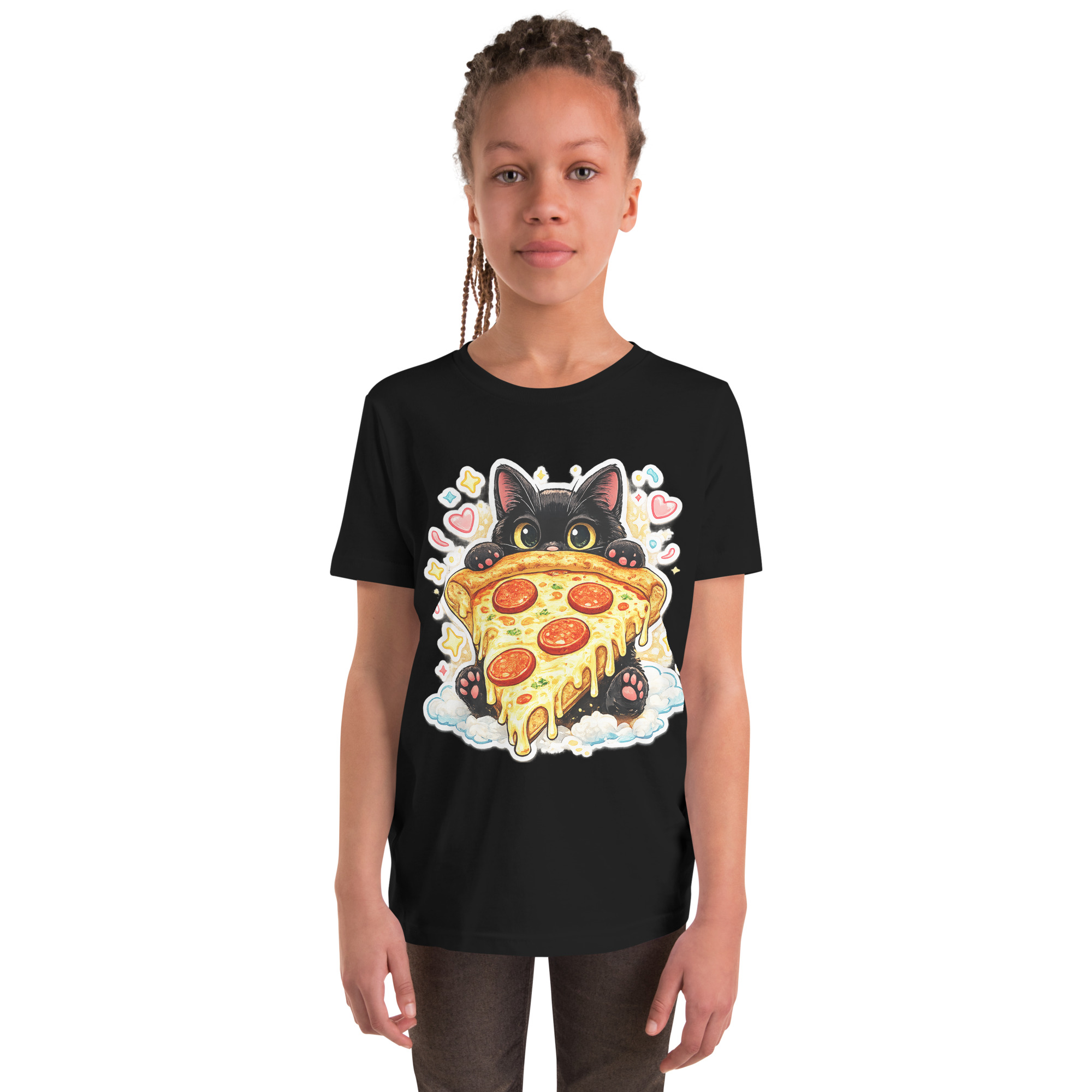 Pizza Cat Kids Shirt – Adorable Black Kitten Hugging Cheesy Pepperoni Pizza Tee Short Sleeve T-Shirt 2 Pizza Cat Kids Shirt – Adorable Black Kitten Hugging Cheesy Pepperoni Pizza Tee Short Sleeve T-Shirt - Image 2