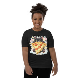 Pizza Cat Kids Shirt – Adorable Black Kitten Hugging Cheesy Pepperoni Pizza Tee Short Sleeve T-Shirt 26 youth staple tee black front 6a493cd5cdeba