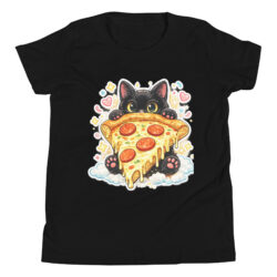 Pizza Cat Kids Shirt – Adorable Black Kitten Hugging Cheesy Pepperoni Pizza Tee Short Sleeve T-Shirt 28 youth staple tee black front 6a493cd5ce0a9
