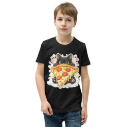 Pizza Cat Kids Shirt – Adorable Black Kitten Hugging Cheesy Pepperoni Pizza Tee Short Sleeve T-Shirt 39 youth staple tee black front 6a493cd5d4730