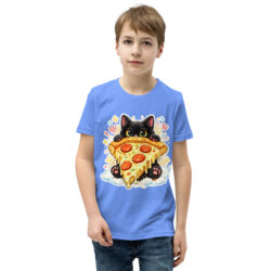 Pizza Cat Kids Shirt – Adorable Black Kitten Hugging Cheesy Pepperoni Pizza Tee Short Sleeve T-Shirt 43 youth staple tee heather columbia blue front 6a493cd5d583e