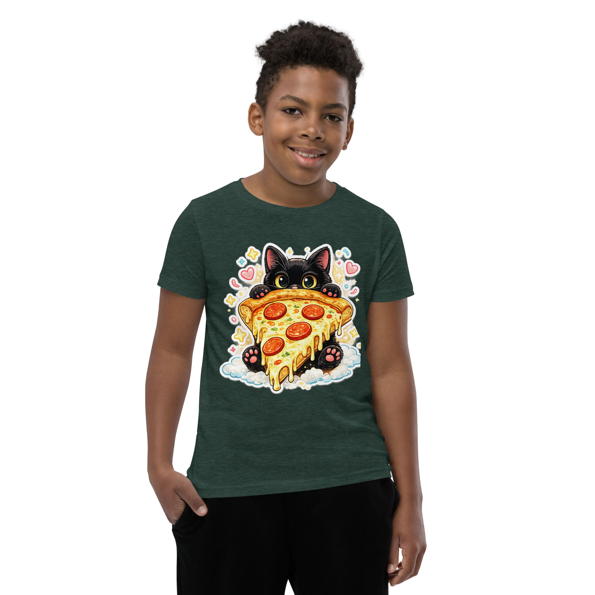 Pizza Cat Kids Shirt – Adorable Black Kitten Hugging Cheesy Pepperoni Pizza Tee Short Sleeve T-Shirt 7 Pizza Cat Kids Shirt – Adorable Black Kitten Hugging Cheesy Pepperoni Pizza Tee Short Sleeve T-Shirt - Image 7