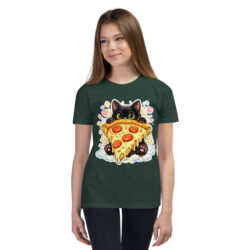 Pizza Cat Kids Shirt – Adorable Black Kitten Hugging Cheesy Pepperoni Pizza Tee Short Sleeve T-Shirt 31 youth staple tee heather forest front 6a493cd5ce8b0