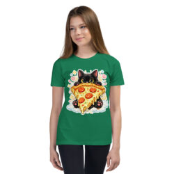 Pizza Cat Kids Shirt – Adorable Black Kitten Hugging Cheesy Pepperoni Pizza Tee Short Sleeve T-Shirt 32 youth staple tee kelly front 6a493cd5ced69