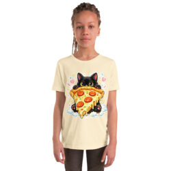 Pizza Cat Kids Shirt – Adorable Black Kitten Hugging Cheesy Pepperoni Pizza Tee Short Sleeve T-Shirt 35 youth staple tee natural front 6a493cd5d04ee