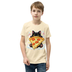Pizza Cat Kids Shirt – Adorable Black Kitten Hugging Cheesy Pepperoni Pizza Tee Short Sleeve T-Shirt 46 youth staple tee natural front 6a493cd5d6edd