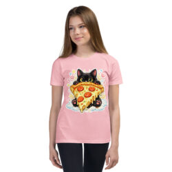 Pizza Cat Kids Shirt – Adorable Black Kitten Hugging Cheesy Pepperoni Pizza Tee Short Sleeve T-Shirt 34 youth staple tee pink front 6a493cd5cf94e