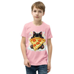 Pizza Cat Kids Shirt – Adorable Black Kitten Hugging Cheesy Pepperoni Pizza Tee Short Sleeve T-Shirt 44 youth staple tee pink front 6a493cd5d5e9d