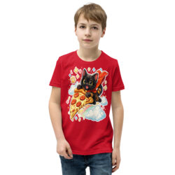 Superhero Pizza Cat Kids T-Shirt – Cute Black Kitten Flying with Pepperoni Pizza Tee for Boys and Girls Short Sleeve T-Shirt