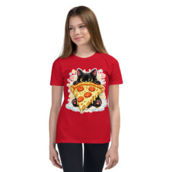 Pizza Cat Kids Shirt – Adorable Black Kitten Hugging Cheesy Pepperoni Pizza Tee Short Sleeve T-Shirt