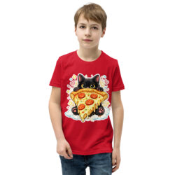 Pizza Cat Kids Shirt – Adorable Black Kitten Hugging Cheesy Pepperoni Pizza Tee Short Sleeve T-Shirt 40 youth staple tee red front 6a493cd5d4975
