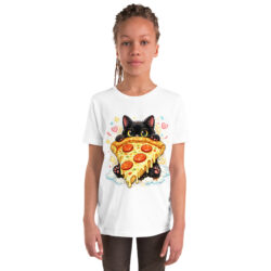 Pizza Cat Kids Shirt – Adorable Black Kitten Hugging Cheesy Pepperoni Pizza Tee Short Sleeve T-Shirt 37 youth staple tee white front 6a493cd5d27af