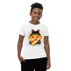 Pizza Cat Kids Shirt – Adorable Black Kitten Hugging Cheesy Pepperoni Pizza Tee Short Sleeve T-Shirt 38 youth staple tee white front 6a493cd5d3ac4