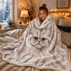Fluffy White Persian Cat Sherpa Blanket – Soft Sherpa Blanket for Cat Lovers and Cat Moms- 50″×60″