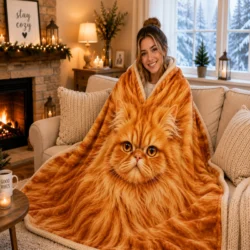 Persian Cat Sherpa Blanket – Cozy Orange Fluffy Cat Soft Blanket and Cat Mom Gift-50″×60″