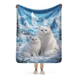Winter Cat Sherpa Blanket, Snowy Mountain Cat Throw, Cozy Fleece Blanket, Cat Lover Christmas Gift-50″×60″