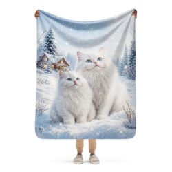 Snowy Mountain Cat Sherpa Blanket, Winter Fleece Throw, Cozy Cat Blanket, Christmas Gift for Cat Lovers-50″x60″