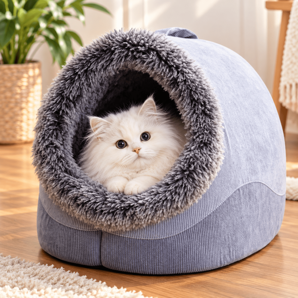 Plush Cat Cave Bed – Cozy Covered Cat House for Indoor Cats, Soft Hideaway Nest for Sleeping, Napping and Relaxation 1 Plush Cat Cave Bed
