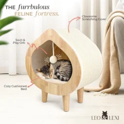 Cozy Wooden Cat House – Modern Indoor Cat Bed with Scratch Lounge, Soft Cushion and Private Sleeping Hideaway 7 S19d568b78d054279886e640011e046fbW