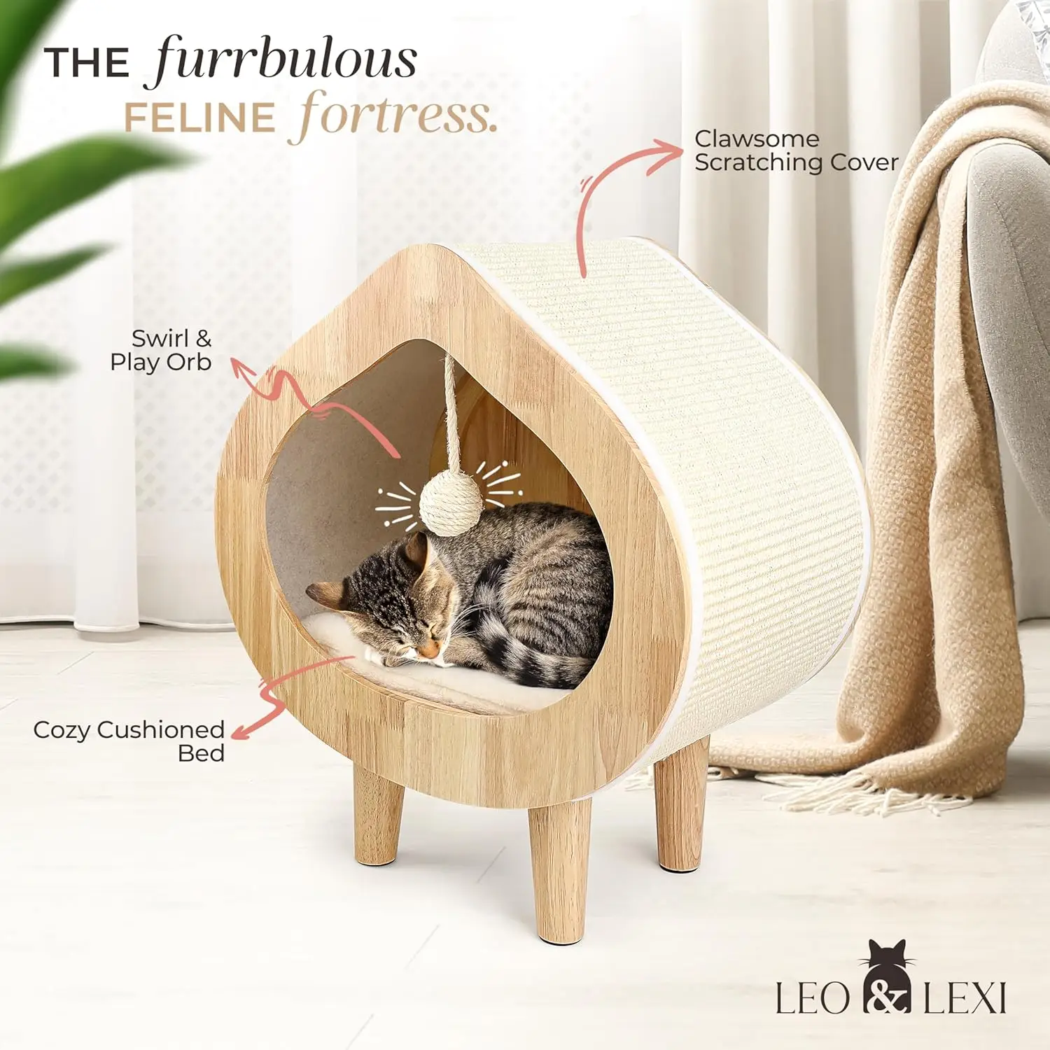 Cozy Wooden Cat House – Modern Indoor Cat Bed with Scratch Lounge, Soft Cushion and Private Sleeping Hideaway 2 Cozy Wooden Cat House – Modern Indoor Cat Bed with Scratch Lounge, Soft Cushion and Private Sleeping Hideaway - Image 2