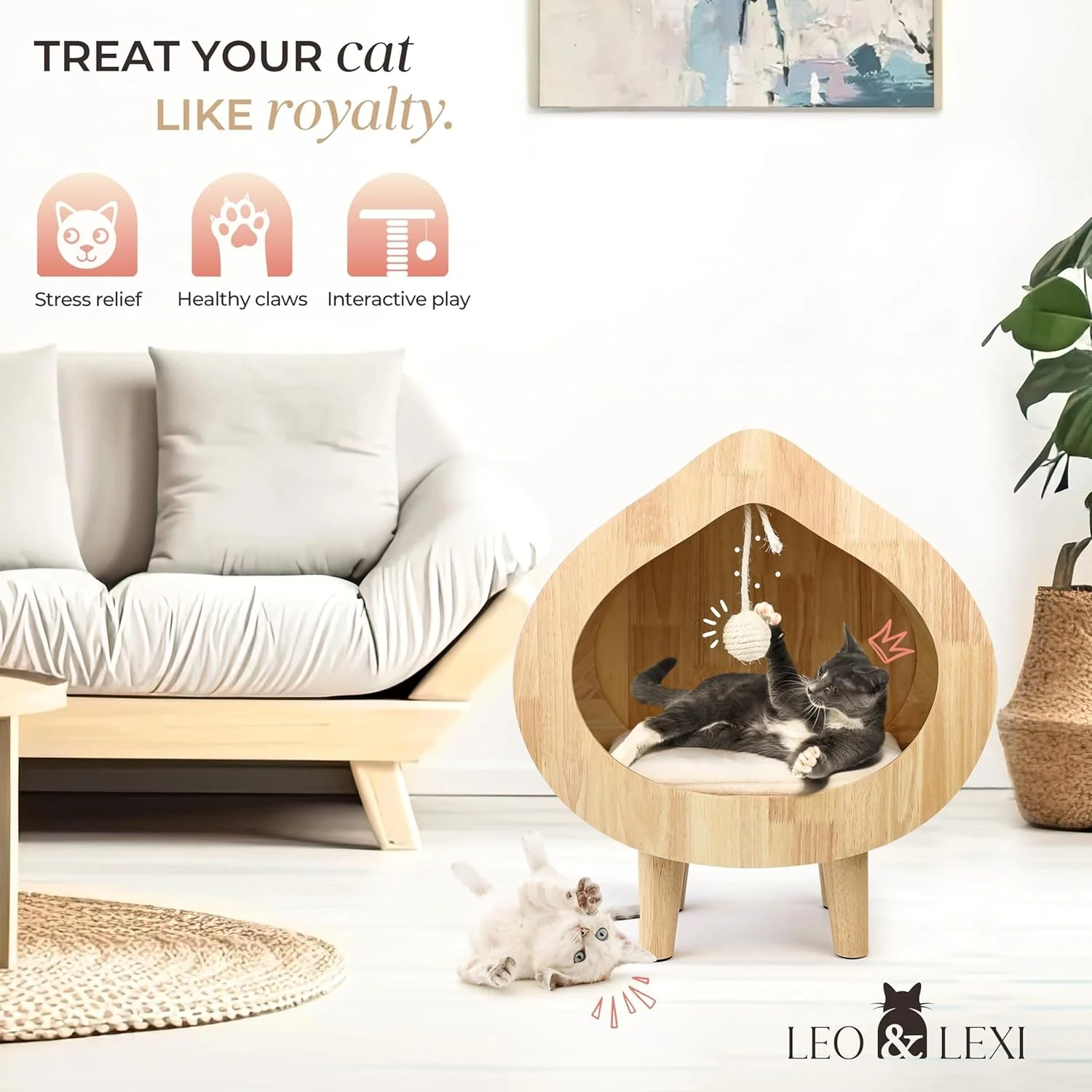 Cozy Wooden Cat House – Modern Indoor Cat Bed with Scratch Lounge, Soft Cushion and Private Sleeping Hideaway 1 Cozy Wooden Cat House