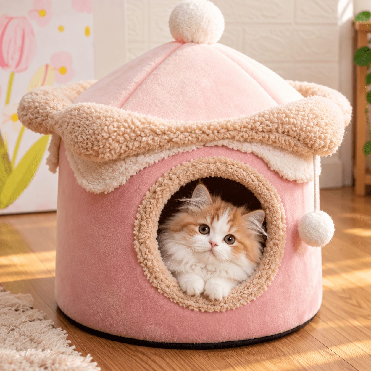 Cozy Cat Cave Bed – Plush Indoor Cat House for Kittens and Cats, Cute Pink Hideaway 1 cozy cat cave bed